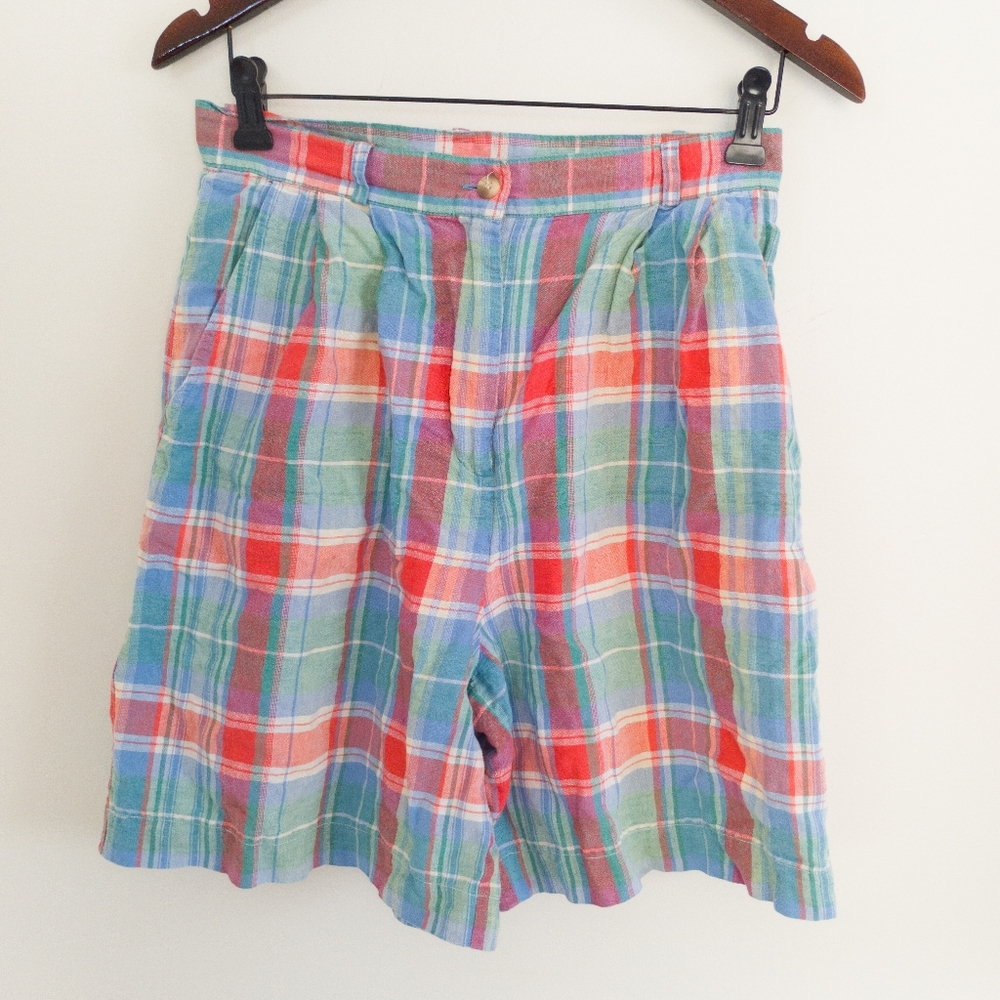 Vintage Talbots High Rise Pleated Plaid Linen Cotton Shorts Size 10